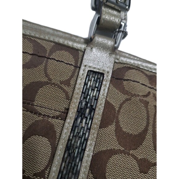 Coach Signature C Khaki Tote Jacquard Beaded Shoulder Bag Gold Brown F05J-8K52 - Picture 7 of 13